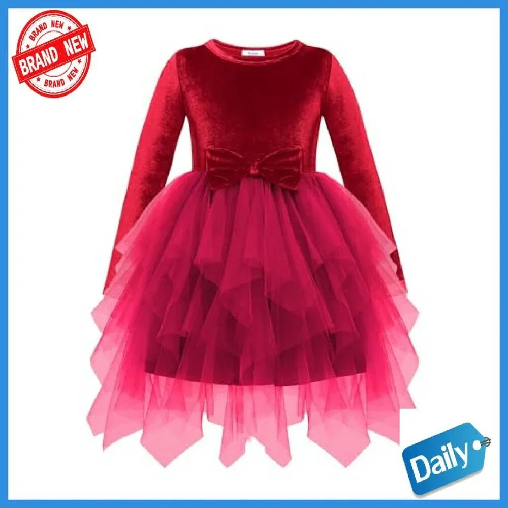 Toddler Velvet Dress Long Sleeve Irregular Hem Tulle Special Occasion